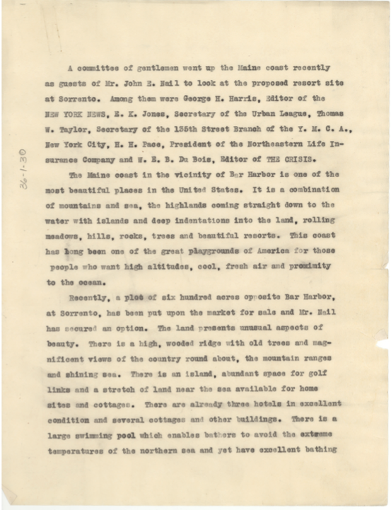 Typed draft of an unpublished article by Du Bois about a Black resort at Sorrento on the Maine coast