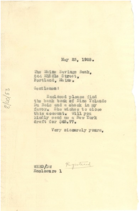 Typed letter from W.E.B. Du Bois to the Maine Savings Bank in Portland, May 23, 1928