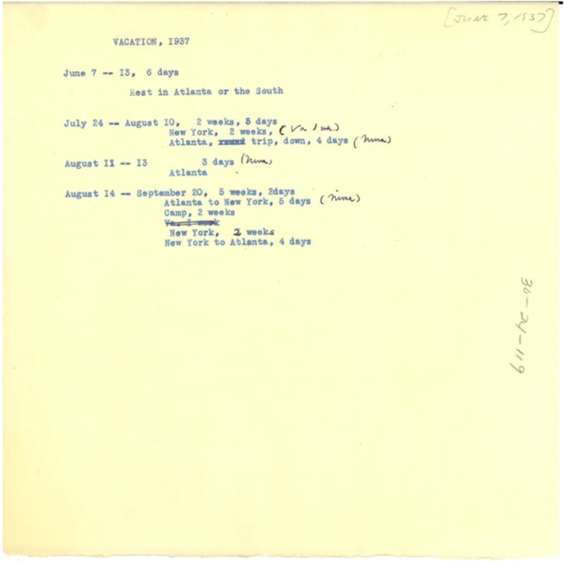 W.E.B. Du Bois's typed vacation schedule for the summer of 1937