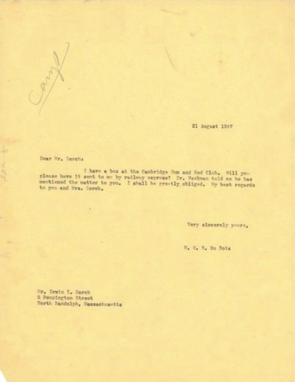 Letter from W.E.B. Du Bois to Irwin T. Dorch, August 21, 1947